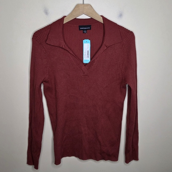 NWT Stitch Fix Fortune & Ivy | Ribbed Rust Red Polo Collar Fitted Sweater Large - Picture 1 of 5